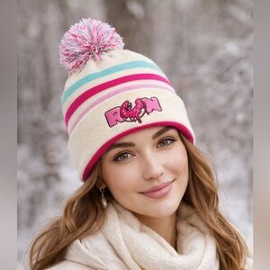BOC Cream and Pink Striped Beanie with Pom Pom